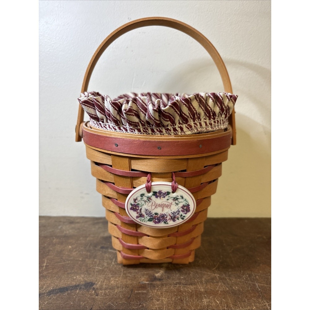 Longaberger Sweetheart Bouquet Basket 1996 Red Striped With Liner & Plastic